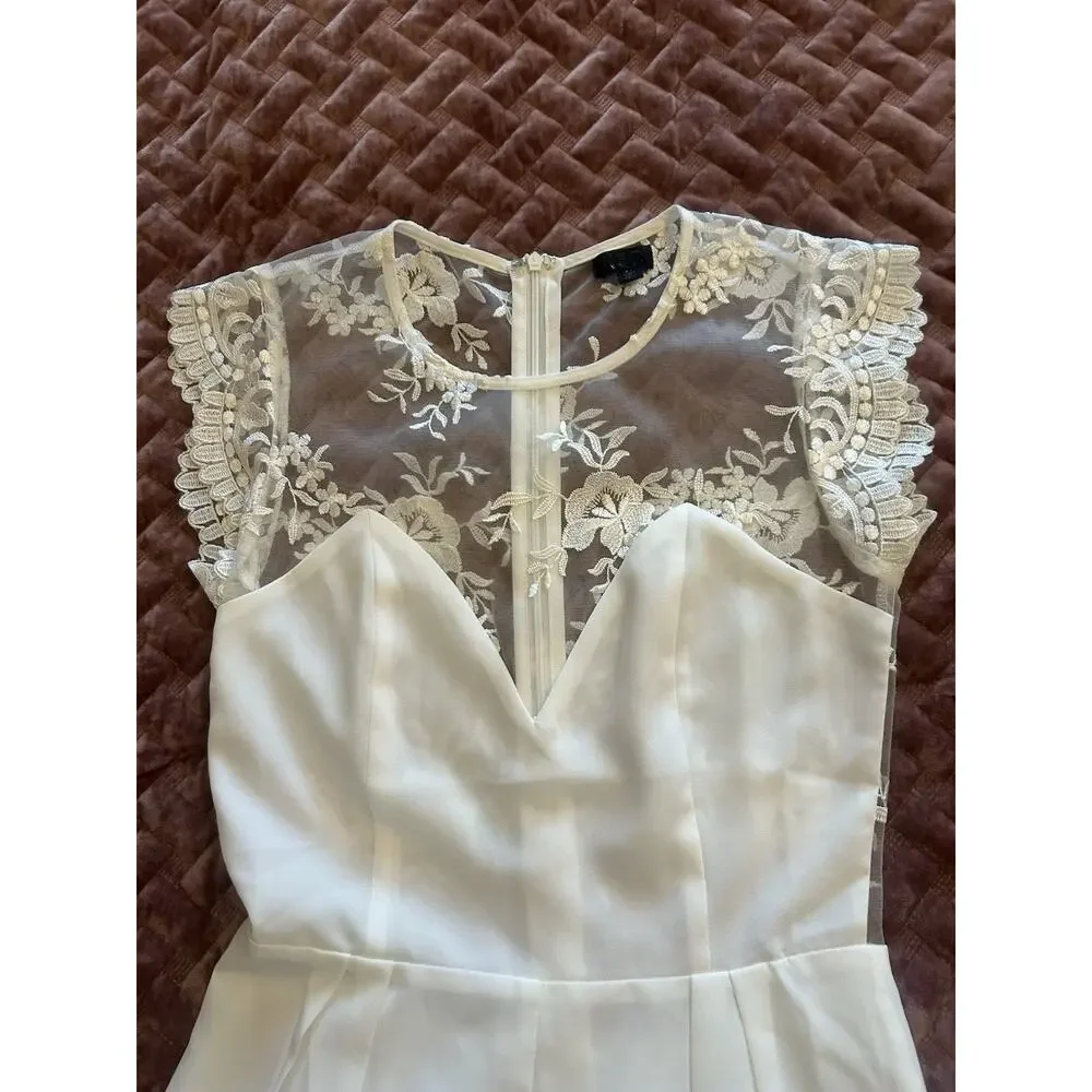 Revolve NBD Sz X-Small Ivory Picnic Day Embroidered Sheer Lace Mesh Short Romper